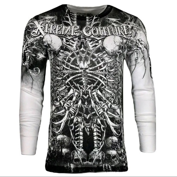 Xtreme Couture by Affliction Men's Thermal Shirt CATACOMBS Skull Biker White - Picture 1 of 7
